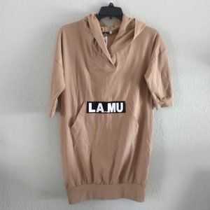 LA..MU Tan Beige Hoodie Tunic Dress with Black/White Logo NEW/W Tags